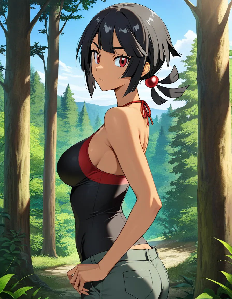 best quality, polished, detailed shading, Zinnia (Pokémon), looking_at_viewer, medium_breasts, long_hair, not her usual ponytail, but long open hair, the front part of her hair is as usual, forest, blue_sky, clothed, vivid anime colors, hentai_studio_quality