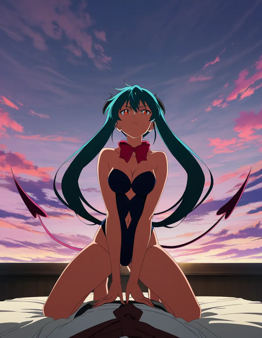 masterpiece, clean art, succubus, scarf, bowtie, kneeling on bed, cloudy sky, intense passion, vivid anime colors, (anime style:1.3), 2d, anime screencap, cel shading, flat color