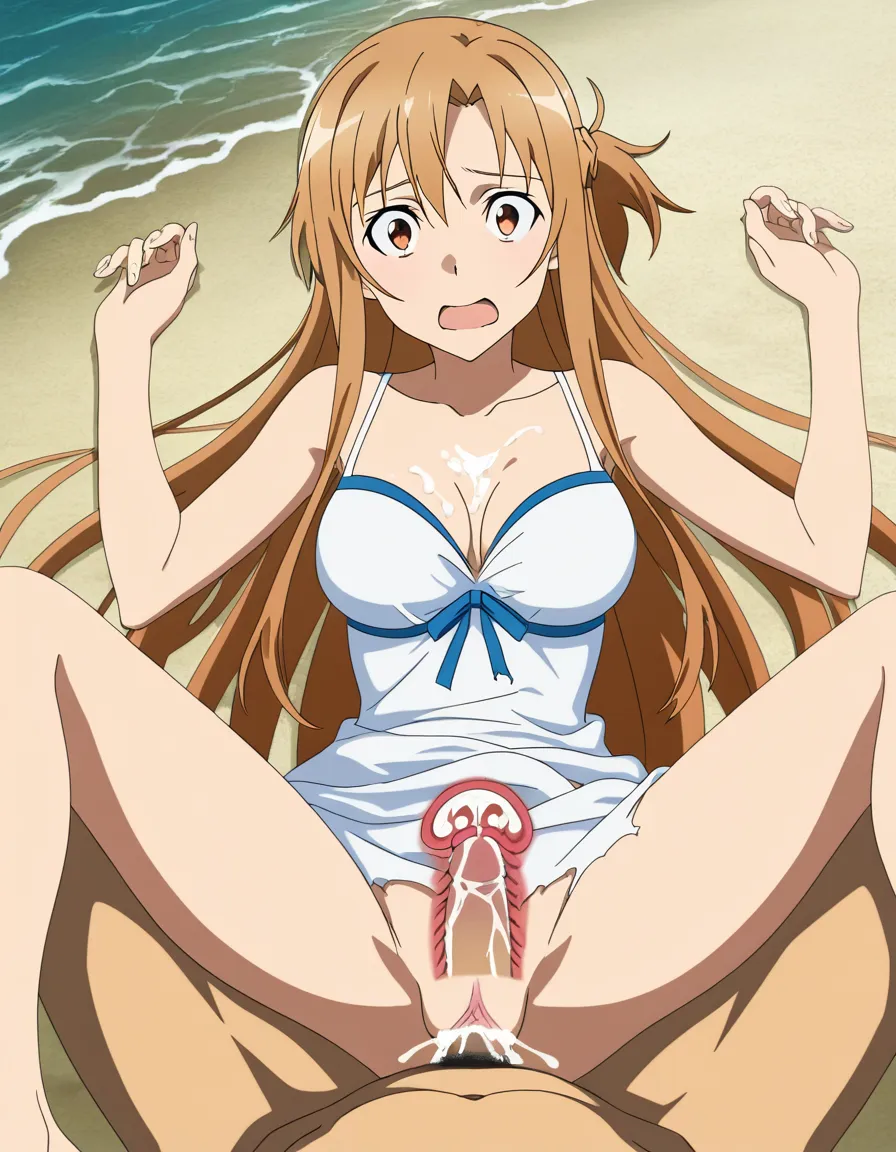 sundress , x-ray , cum , cum_overflow , beach, missionary, cum_on_body , cum_on_breasts , torn_clothes , wide-eyed, @asuna_(sao), (anime style:1.3), 2d, anime screencap, cel shading, flat color