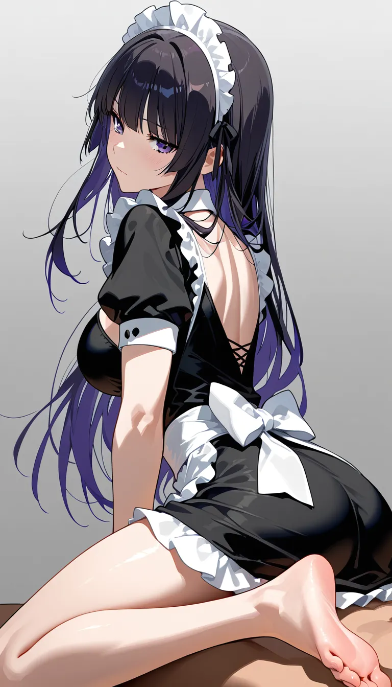 masterpiece, fine detail, maid, feet, cocktail dress, cowgirl position, gradient background, soft cel shading