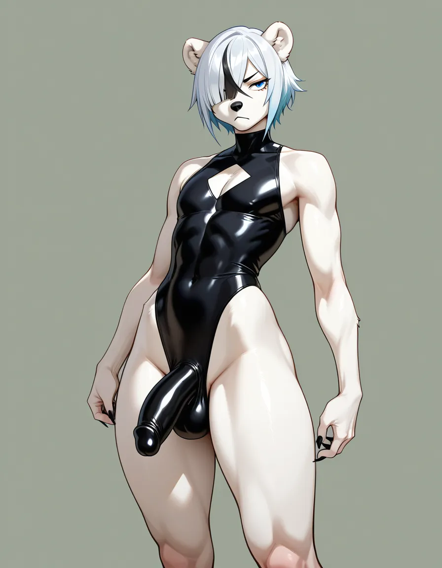 Furry Cartoon Image. Androgynouse Polar bear. big dick medium titts. diagonally bangs. Looking badass, hentai_studio_quality