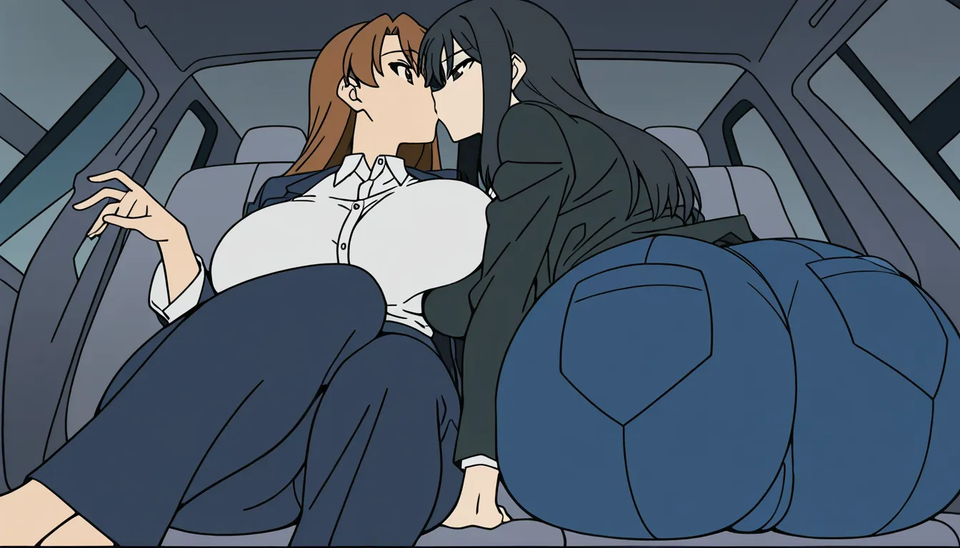 woman have 24 age skin bronze and white, black long hair brown eyes, nice face huge breast, huge boobs, huge ass curvy body, huge legs she wears blue pant and black suit sitting inside a car of a man and kissing him and makes her hand on his huge dick 9 inches by left hand and takes picture by right hand for his huge dick and she is so hot and shy, hentai_studio_quality