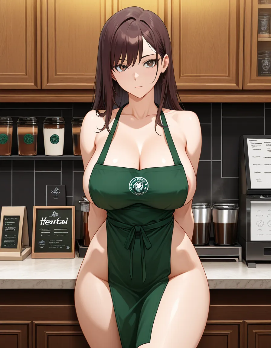 large breasts, barista, nude, apron, revealing_clothes, low cut, wide hips, front fancing, brunette, 1girl , arms_behind_back,, hentai_studio_quality, coffee shop, nip slip, hentai_studio_quality