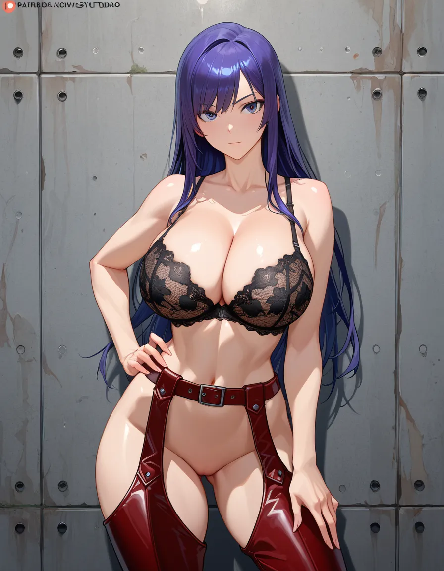 massive tits, lace bra, chaps, crouchless, no panties, facing_viewer, forward facing, hentai_studio_quality