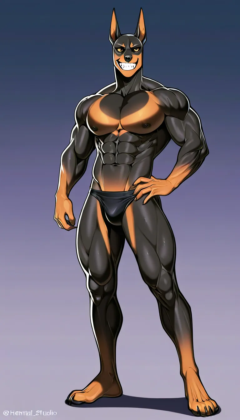 A anthropomorphic Doberman dog character with a muscular build, standing in a confident pose against a dark, gradient background. The dog has black fur with tan markings on the face, chest, and legs, pointed ears, and sharp orange eyes. Its expression is playful and slightly mischievous, with a wide grin showing sharp teeth and a protruding pink tongue. The character is wearing a military-style green harness across the chest, accentuating its muscular form, and a torn, black leather crop top that exposes its large, exaggerated breasts, which are shiny and realistically textured with visible nipples. The fur is detailed with subtle shading and highlights, emphasizing a glossy, wet appearance, while droplets of water or sweat are visible on the skin and fur. The character's large, armored fists are clenched close to its chest, and it commands attention with a dynamic stance and confident demeanor. The overall style is highly detailed, vibrant, with a mix of realistic and stylized elements, creating an intense and bold atmosphere.