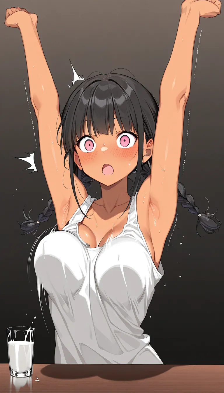 anime hentai, 1girl, black hair twin braids, pink eyes, tan skin, aomizuan style, small medium breasts, drinking white liquid from small glass cup, rapid breast expansion to huge massive breasts, clothes stretching, bouncing breasts, surprised then aroused face, smooth motion