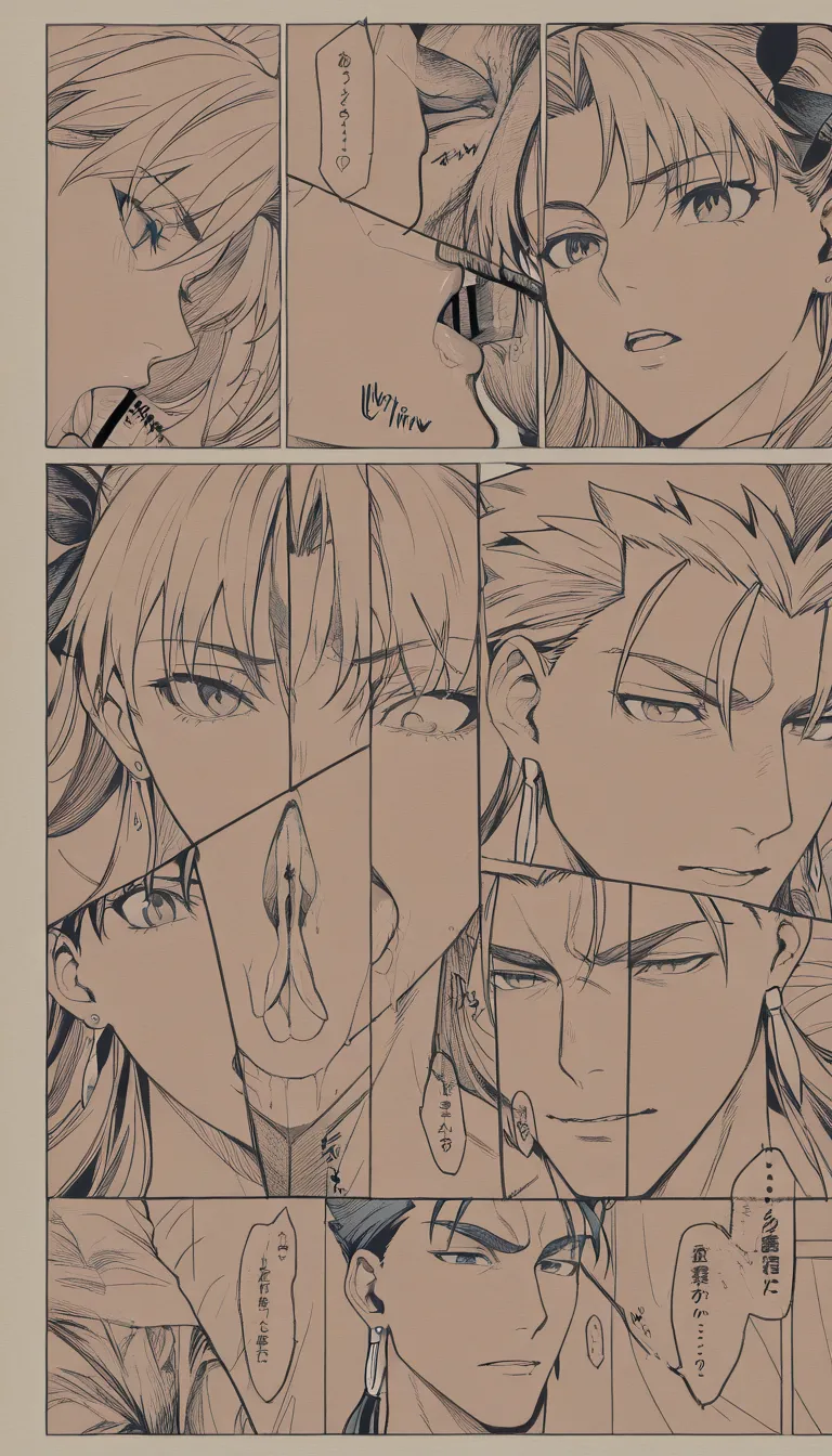 Best quality, ultra-detailed, intricate details, 8K resolution, full color, sensual artwork, 5-panel layout, sound effects, speech bubbles, Japanese text, dynamic composition, Fate/Stay Night, Cú Chulainn, Tohsaka Rin, man and woman, semi-realistic skin texture, intense and passionate oral sex scene; Panel 1: A man with a smirk sits on the edge of the bed while the woman kneels on the floor, taking his penis into her mouth for oral sex (oral penetration, vigorous thrusting); Panel 2: The man watches her with amusement as she vigorously sucks his penis; Panel 3: The man wears an expression of pleasure; the woman bobs her head back and forth vigorously, deep-throating him; Panel 4: The man ejaculates into the woman's mouth with a look of pleasure; the woman swallows the semen; set in a bedroom at home, motion lines, speed lines, natural lighting, deep shadows, sharp outlines, cel shading, hentai_studio_quality