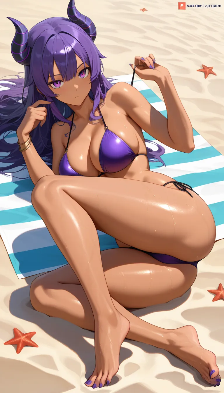 Pudgy Hibana on the beach with purple toes, hentai_studio_quality
