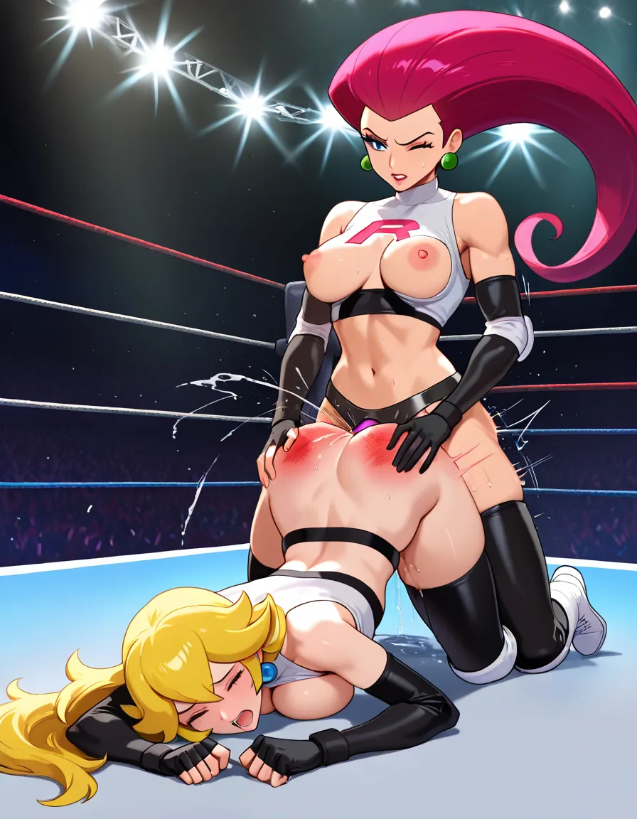 2girls , Best_quality, ultra_detailed, @princess_peach-blonde_hair , @jessie_(pokemon)-red_hair, yuri sex ,wrestling_ring wrestling defeated, pussy_juice squirting orgasm , bruised, strap-on doggystyle sex_from_behind , torn_clothes, all_fours, wince, spank, hentai_studio_quality, hentai_studio_quality, hentai_studio_quality