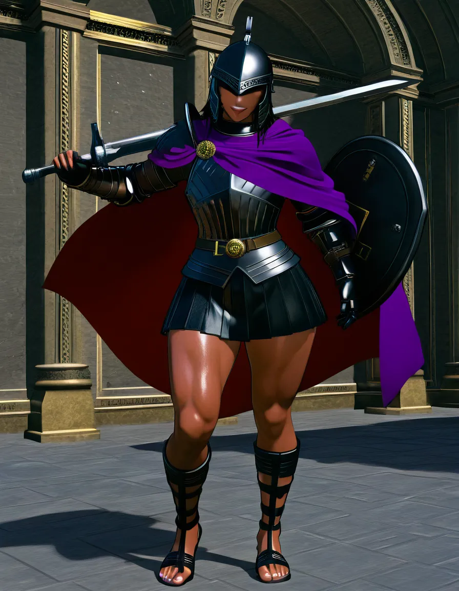 tall otoko_no_ko dark_skin plump wide_hips licking_lips praetorian guard black metal roman armor segmentata, roman black metal helmet, purple cloak, roman praetorian leather  skirt, roman sandals, bulge, gladius roman sword, roman  praetorian black metal legionary shield,, score_9, score_8, 3d render, octane render, subsurface scattering, ray tracing, smooth shading, (anime style:1.3), 2d, anime screencap, cel shading, flat color, @00osamio00