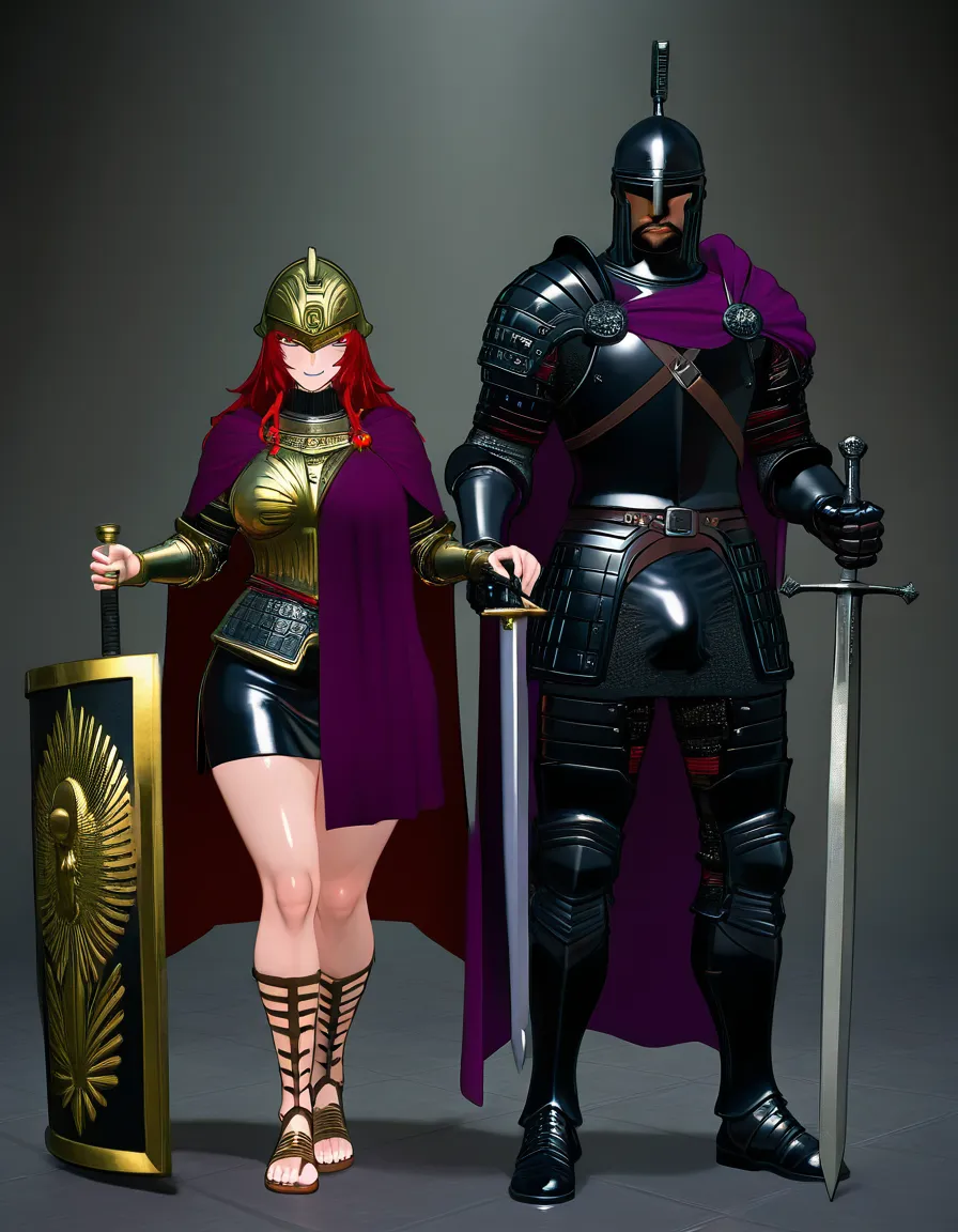 tall otoko_no_ko dark_skin plump wide_hips licking_lips praetorian guard black metal roman armor segmentata, roman black metal helmet, purple cloak, roman praetorian leather  skirt, roman sandals, bulge, gladius roman sword, roman  praetorian black metal legionary shield,,, score_9, score_8, 3d render, octane render, subsurface scattering, ray tracing, smooth shading