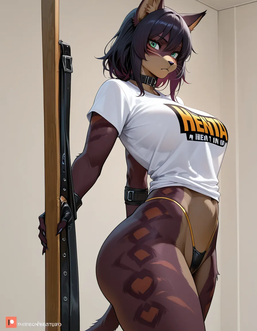 furry cat, belting, thong t-shirt, hentai_studio_quality
