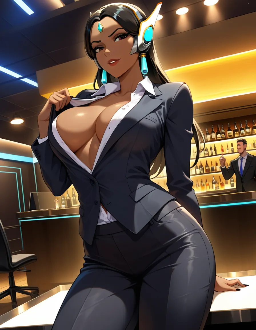 masterpiece, overwatch, symmetra , office_lady , stripper, partially_unbuttoned , hentai_studio_quality, hentai_studio_quality