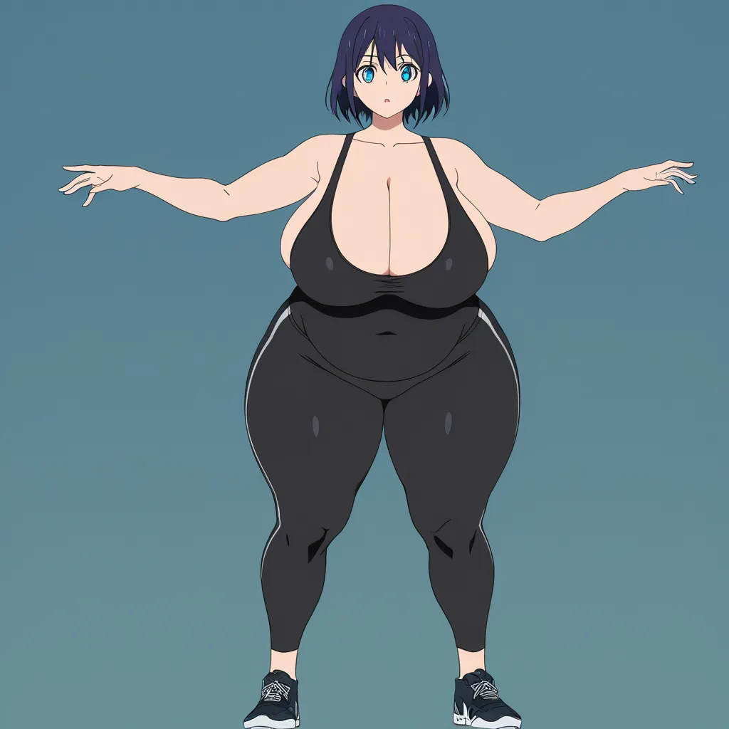 futanari in tight yoga pants, hyper thick thighs, massive ballooning breasts, heavy fat thighs, extreme hourglass figure, exaggerated proportions, (anime style:1.3), 2d, anime screencap, cel shading, flat color, @00osamio00
