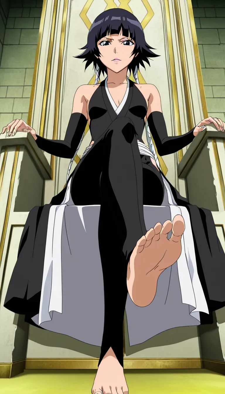 studio quality, sharp focus , from_below foot_focus , sitting on a throne @Sui-Feng_(Bleach) crossed_legs , clothed_female extreme_revealing_clothes , soles , lips , looking_at_viewer, score_9, score_8, (anime style:1.3), 2d, anime screencap, cel shading, flat color