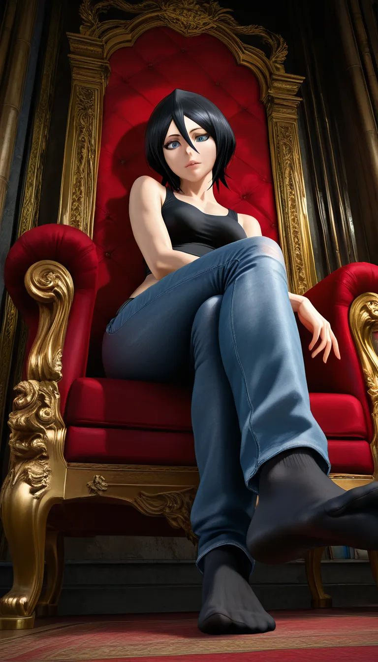 Studio quality, sharp focus , from_below foot_focus , sitting on a throne @kuchiki_rukia crossed_legs black_tank_top tight_jeans Black_socks  soles , lips , blue_eyes looking_at_viewer , photorealistic, score_9, score_8, candid photo, realistic skin texture, hentai_studio_quality