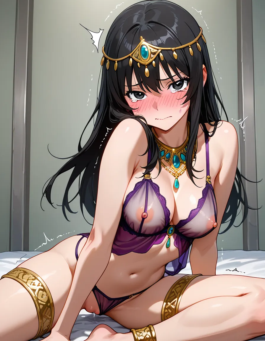 shy manga girl, long hair, tear on her eyes, blushing cheek, very sexy transparent lingerie with jewelry (arabian style), nipple and vagina exposed, she is taking out her underwear very shy and trembling, she turn aside because of shyness, hentai_studio_quality