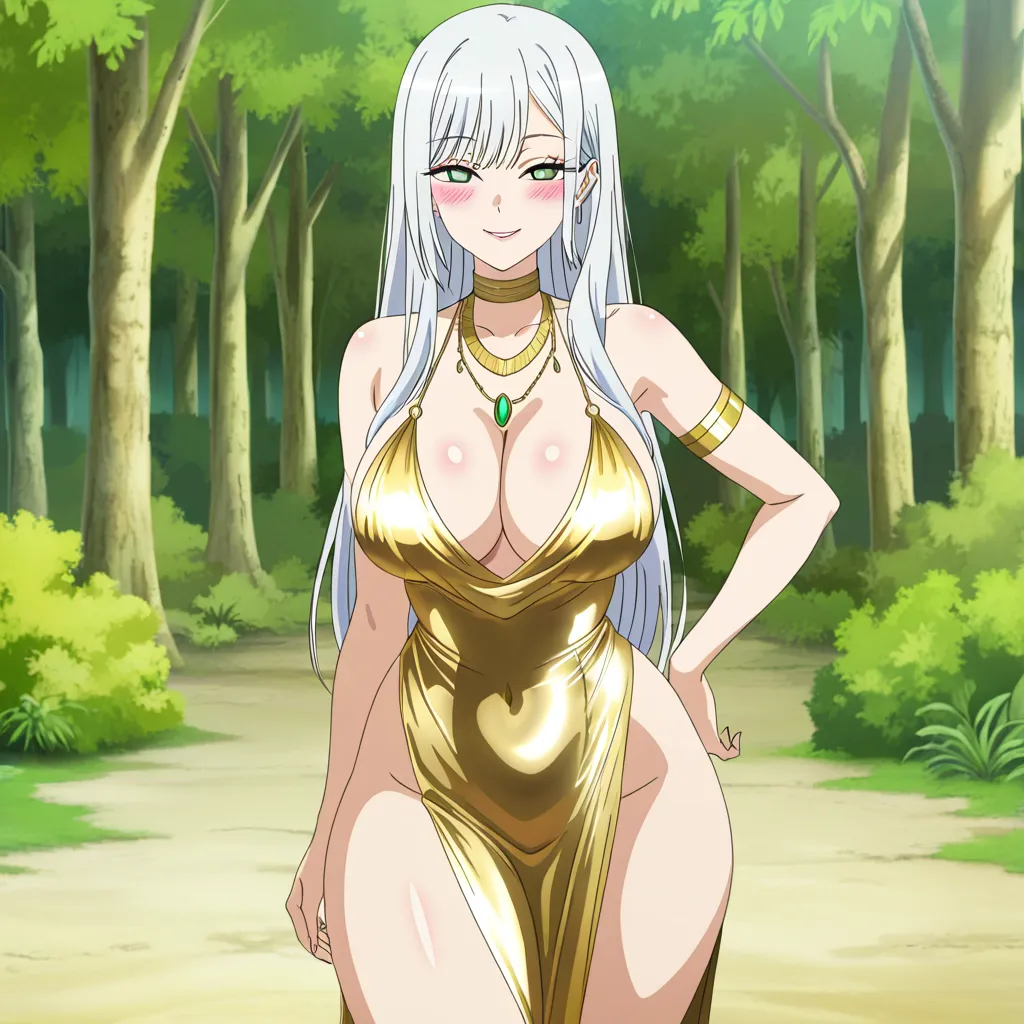 voluptuous body, large breasts, wide hips, thick thighs, long white hair, green eyes, elegant yet seductive expression, wearing a tight white and gold dress with deep cleavage and high side slits, standing in a soft magical forest light, one hand lightly resting on her hip, subtle blush, detailed skin, anime style @kitagawa_marin, (anime style:1.3), 2d, anime screencap, cel shading, flat color