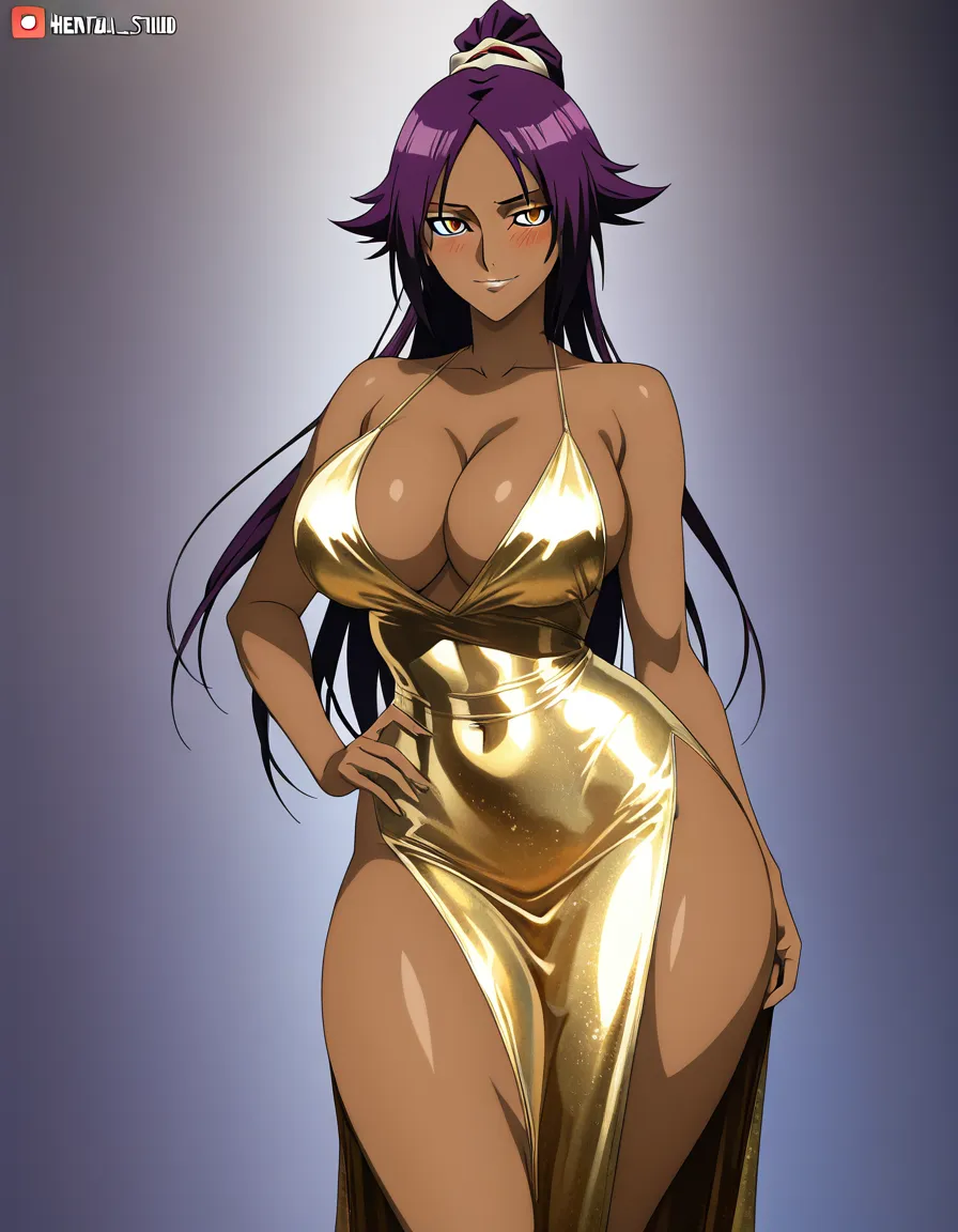 voluptuous body, large breasts, wide hips, thick thighs, , elegant yet seductive expression, wearing a tight white and gold dress with deep cleavage and high side slits, standing in a soft magical forest light, one hand lightly resting on her hip, subtle blush, detailed skin, anime style @shihouin_yoruichi, hentai_studio_quality