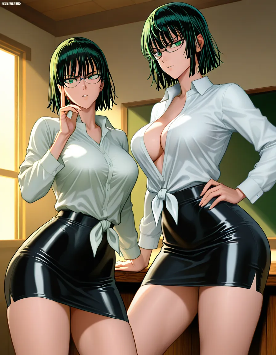 Woman wearing a white button-up shirt tied in a knot under her chest and a black tight leather mini skirt, holding black glasses in one hand, leaning against a wooden desk in a classroom, shirt slightly open, skirt hugging her hips and thighs, soft indoor lighting, aspect ratio 3:4, @fubuki_(one-punch_man), hentai_studio_quality