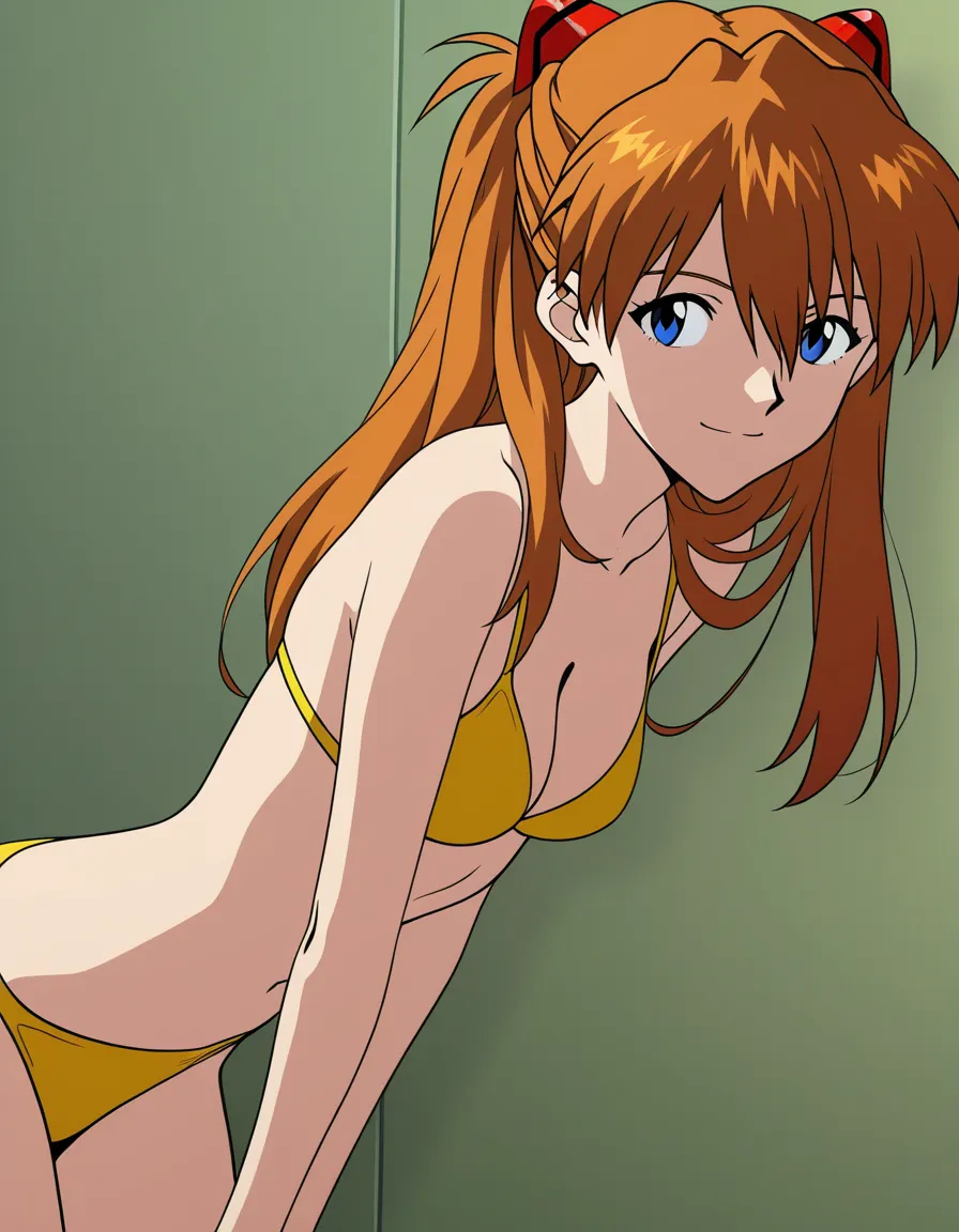 @souryuu_asuka_langley, yellow_bikini, leaning_forward, from_behind, looking_back, smile, (anime style:1.3), 2d, anime screencap, cel shading, flat color