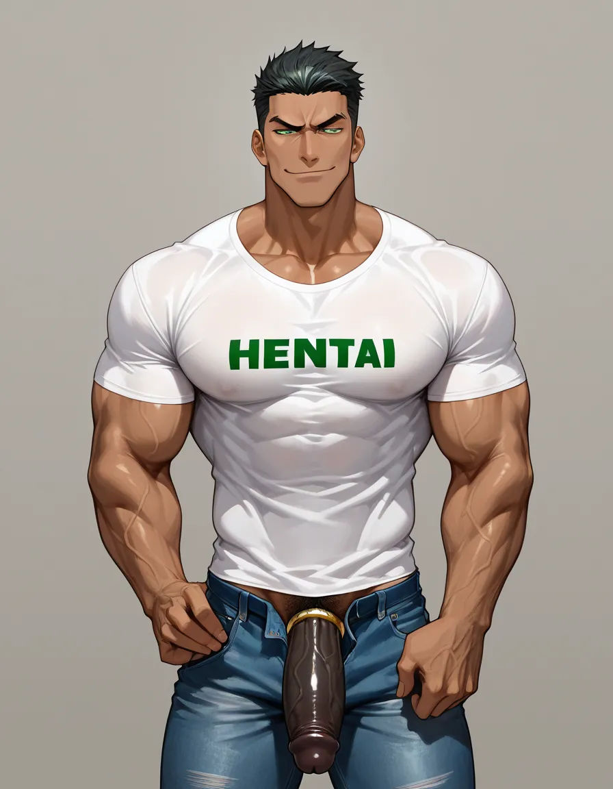 1boy, black muscular man, standing, t-shirt and jeans , smug expression, black hair, green eyes, big black cock, cock ring, front view, hentai_studio_quality