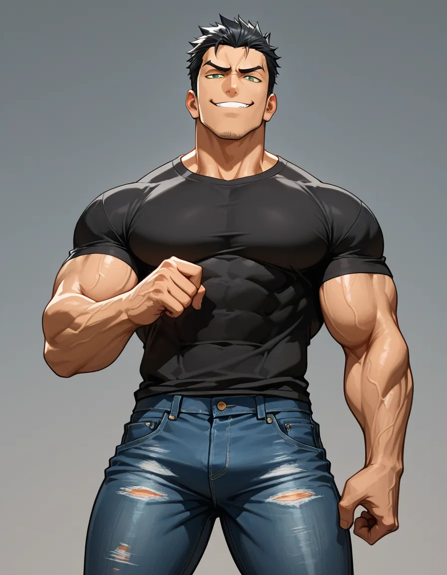 1black muscular man, standing, t-shirt and jeans, hard on pants, smug expression, black hair, green eyes, front view, hentai_studio_quality
