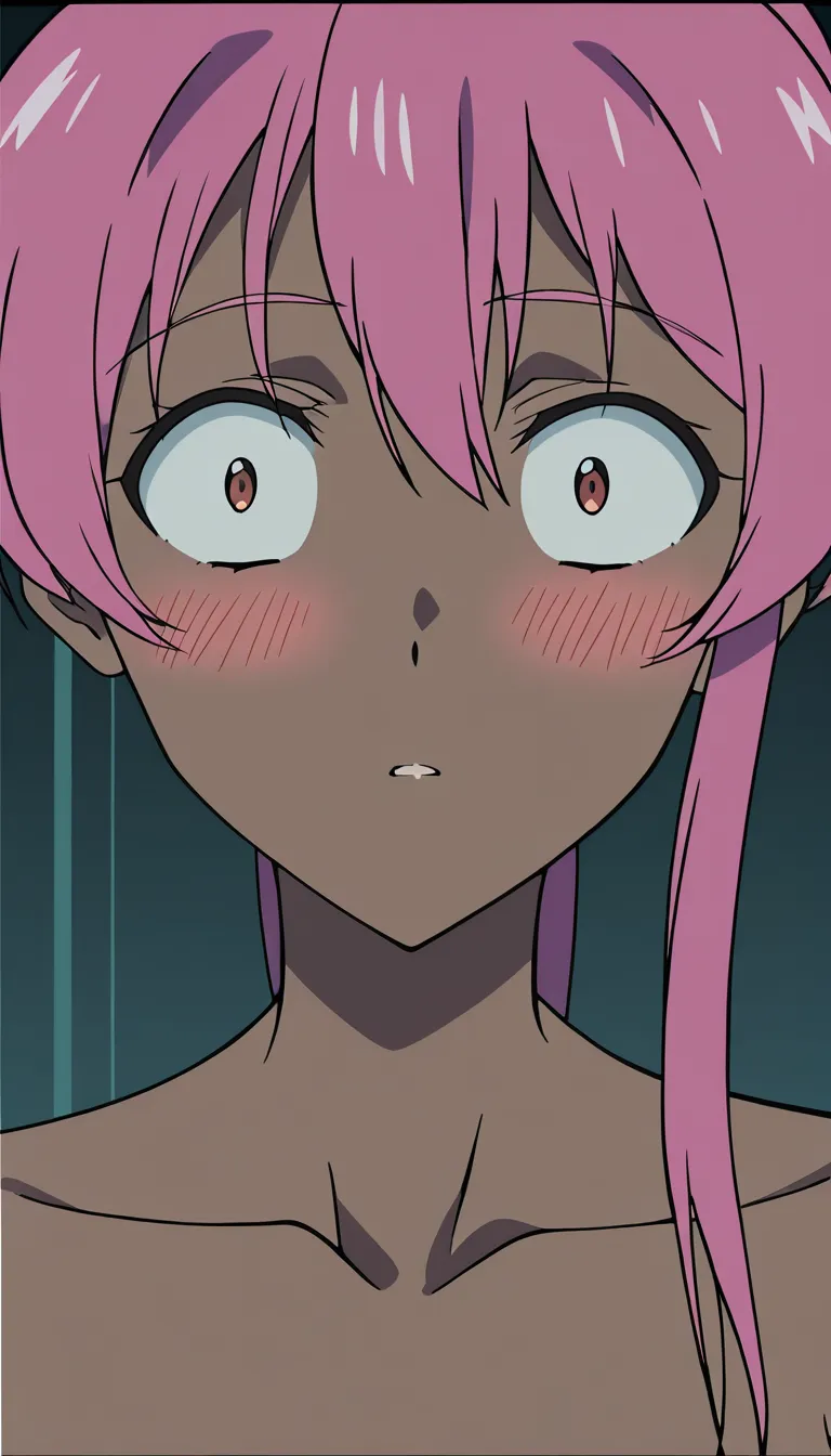 Anime style digital illustration with bright, flat lighting. A young woman with dark skin, blushing cheeks, and a shocked expression, looking toward the viewer. She is getting anal gangbang fuck by 7 monster sized black dicks. She has dual-colored hair: the right side is coral pink and the left side is light green, with a dark purple streak in the center of her bangs. Her hair is tied into two small high ponytails with white and pink tassels, and two small braids hang over her shoulders.
