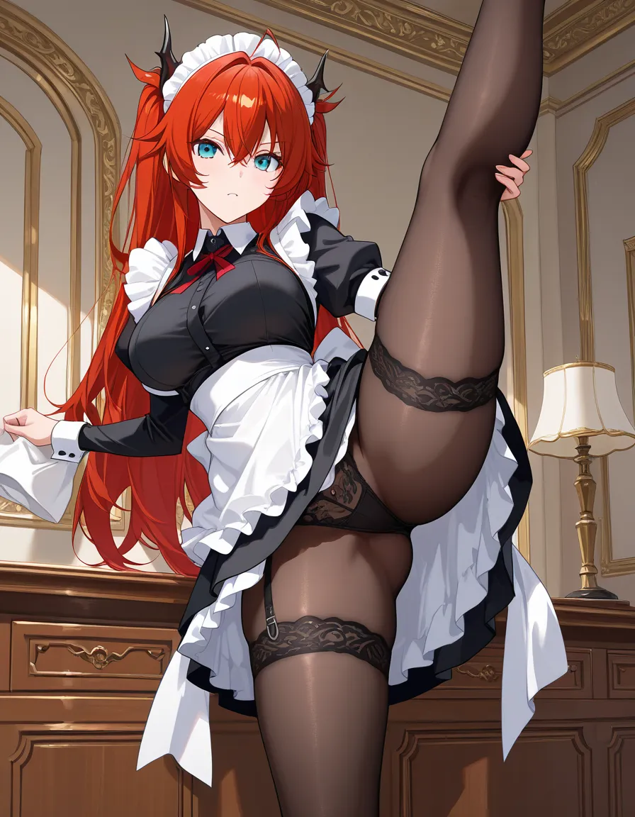 masterpiece, best quality, maid, feet out of frame, underwear, leg up, eroge aesthetic, hentai_studio_quality