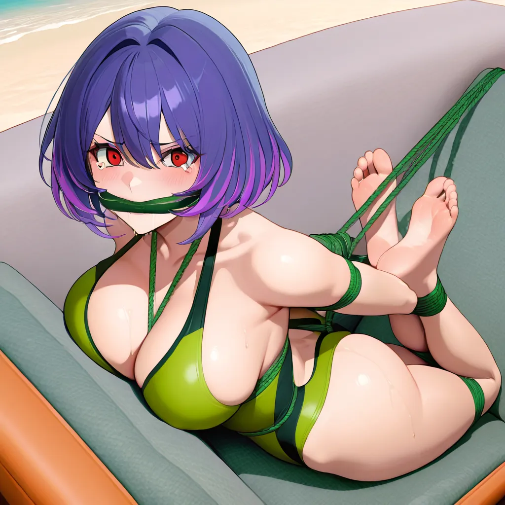 A woman with purple hair and magenta highlights, wearing a one-piece_swimsuit that is white, with a high neckline and a teardrop cutout in the chest area. Red eyed. She is on a beach recliner with white padding. Hogtied with olive green colored rope, cleave gagged with an olive green colored cloth. Her whole body can be seen, hentai_studio_quality