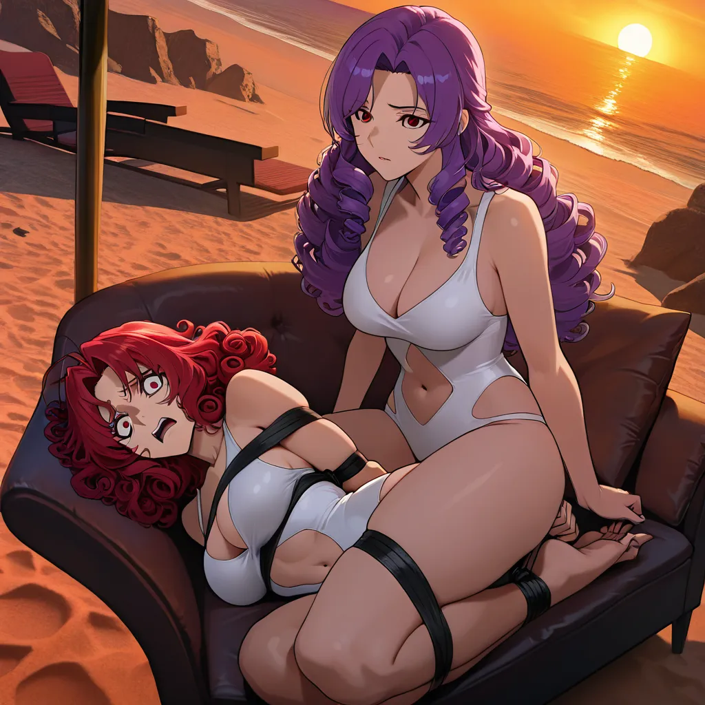 very modern anime, mature female, long magenta_hair, curly_hair with deep_crimson_ribbon, white_one-piece_swimsuit with high_neckline and navel_cutout, red_eyes, scared. BREAK lying on beach recliner, lying on her side, jacuzzi and high class apartment in background, afternoon BREAK hogtied with black_rope, cleave gagged with black_cloth, BREAK whole body is visible, ropes are visible.

Share, hentai_studio_quality