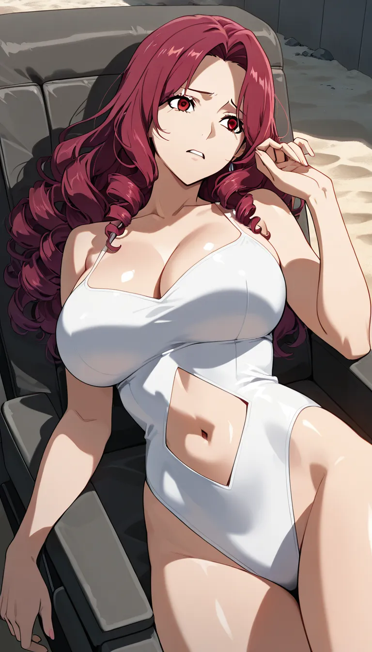 very modern anime, mature female, long magenta_hair, curly_hair with deep_crimson_ribbon, white_one-piece_swimsuit with high_neckline and navel_cutout, red_eyes, scared. BREAK lying on beach recliner, lying on her side, jacuzzi and high class apartment in background, afternoon BREAK hogtied with black_rope, cleave gagged with black_cloth, BREAK whole body is visible, ropes are visible BREAK struggling to get free