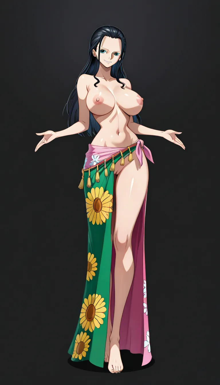 Nico Robin from One Piece, Oda style, full_body, beautiful smile, standing, sexy pose, front view, black background, a long coral-pink/salmon wrap skirt or sarong tied around her waist with a decorative green and yellow floral patterns along one side and a fringed/tassel-like hem and a massive front slit revealing her naked pussy, a fitted dark-blue short-sleeved jacket completely open with a high collar and the sleeves slightly rolled at the edges, breasts and nipples exposed, pussy exposed, orange tinted sunglasses on top of head, Red-coral high-heeled pumps with pointed toes, massive amount of sperm dripping from pussy, (anime style:1.3), 2d, anime screencap, cel shading, flat color, @00osamio00