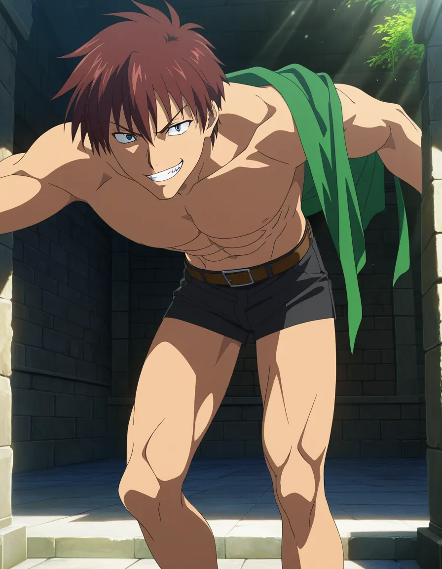 highly detailed, sharp, 1boy, toned body, belt, bent over, sunlight, teasing grin, visual novel art, (anime style:1.3), 2d, anime screencap, cel shading, flat color