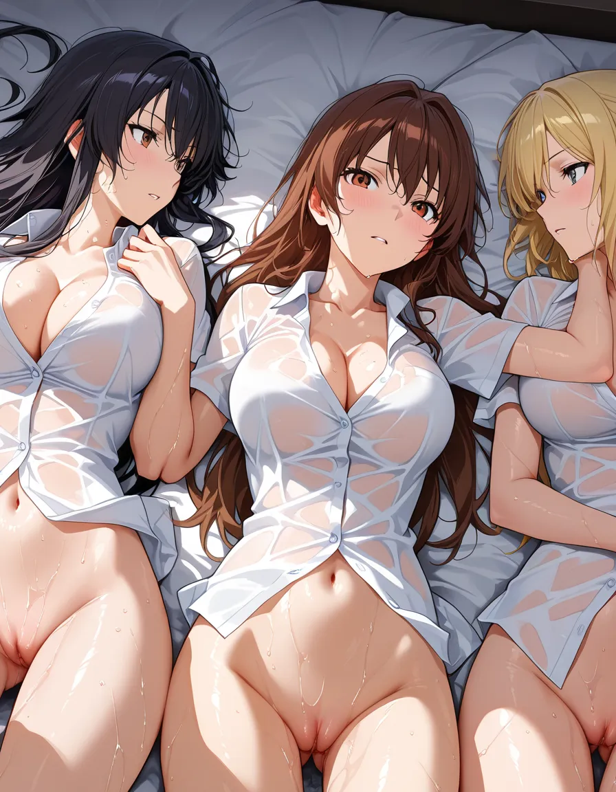 masterpiece, fine detail, 5girls, buttons, short sleeves, wet pussy, bed sheet, intense passion, manga panel look, hentai_studio_quality