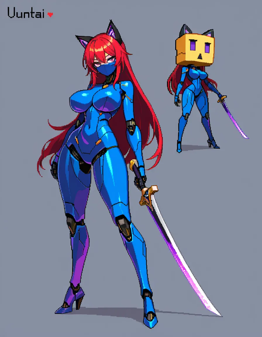 robot girl, black screen face, square head, big body, naked, big breast, pixel art, holding_sword on one hand, blue_body, purple_eyes, red_hair, standing, UwU face, cat_ears, hentai_studio_quality
