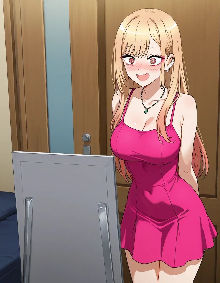 /ultra_detailed , @kitagawa_marin , #@_@ #pink_dress, hentai_studio_quality