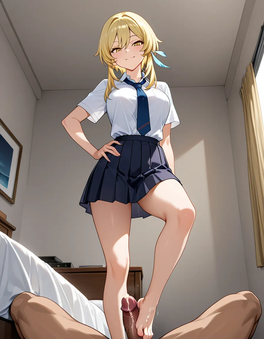 lumine, , footjob, cum, seductive_smile, bedroom, school_uniform , standing, hand_on_own_hip, bed, stepping on penis, hentai_studio_quality