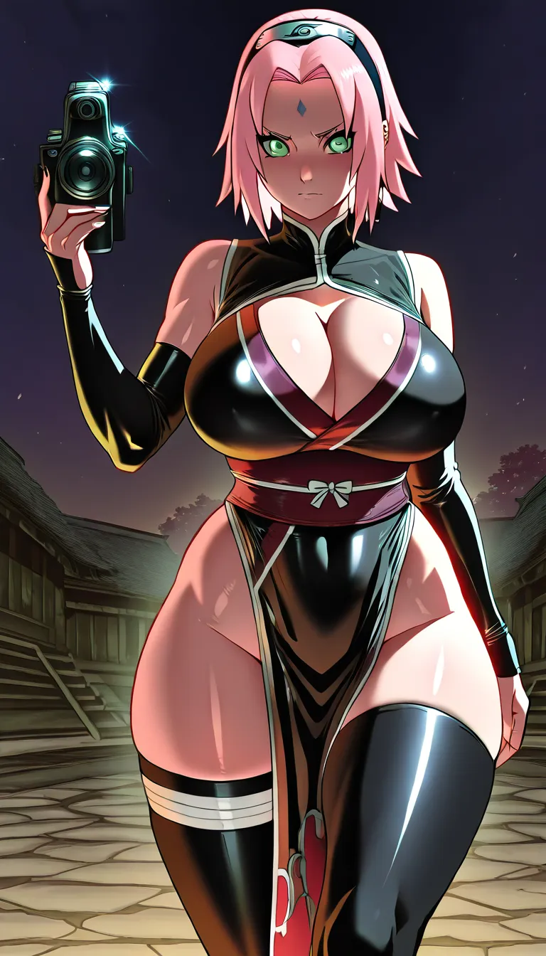 Create a stylized anime-inspired video featuring two female ninja characters from naruto, one being sakura haruno, with big tits and athletic curvy physiques, dramatic oversized fantasy-style proportions, sleek custom shinobi outfits, and confident personalities. Set the scene in a moonlit village with cinematic lighting, dynamic camera movement, wind-blown hair and clothing, expressive faces, and polished high-detail animation. make them naked. Suck penis , and twerk.