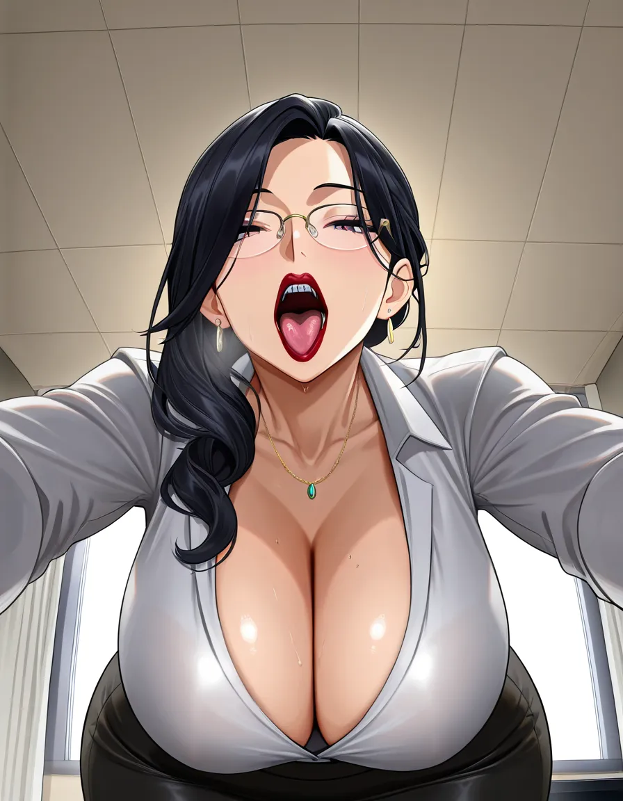 highres, vivid, mature_female office lady, with braces glasses thick lips lipstick black_hair huge_breasts wide_hips breasts_out hanging_breasts exposing her mouth and unleashing her bad breath while encouraging_you_to_cheat_on_your_wife, hentai_studio_quality