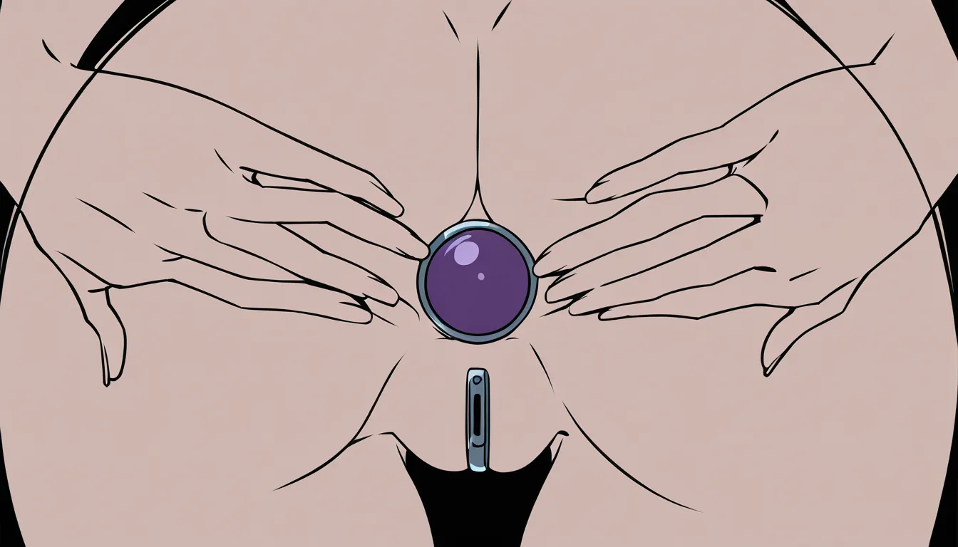 red-headed trans girl with small limp penis locked in chastity inserting butt plug
