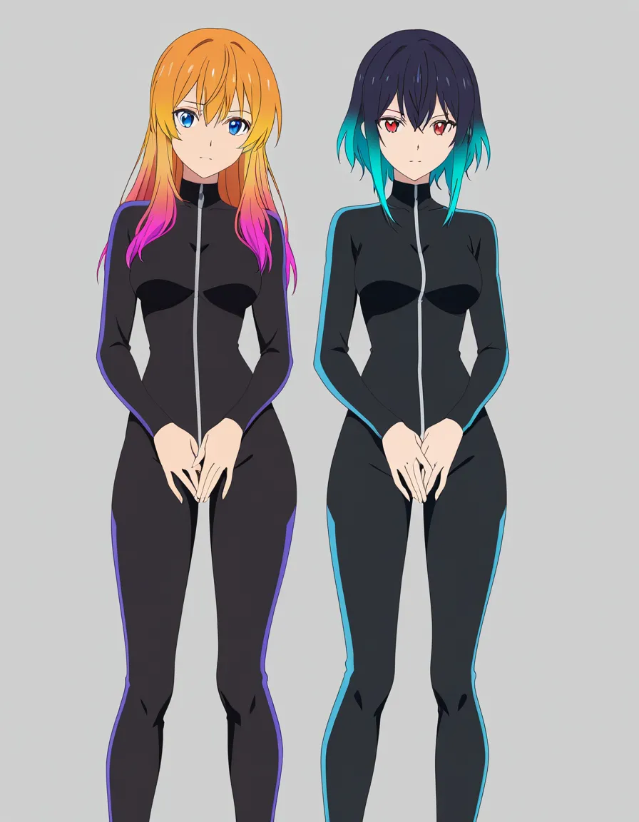highres, vivid, 2girls, presenting, feet out of frame, gradient hair, simple background, soft cel shading, (anime style:1.3), 2d, anime screencap, cel shading, flat color