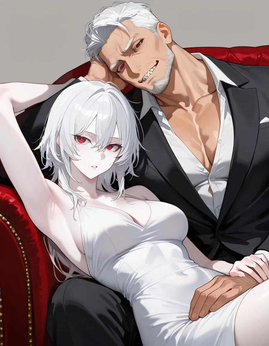 handsome adult man, tall lean muscular body, pale skin, short messy spiky white hair, sharp jaw, red eyes, slightly flushed face, half-lidded seductive gaze, parted lips, sitting reclined on a dark couch, one arm raised behind his head, other hand in his lap, wearing a black suit jacket, white dress shirt slightly tight on the chest, black necktie loose and hanging down, black dress trousers unzipped, large thick erect penis pulled out of the open fly, foreskin pulled back, prominent veins, hand wrapped around the base of the cock, precum at the tip, clothes still on, dark background, glossy anime hentai style, shiny skin highlights, clean lineart, detailed anatomy, uncensored, hentai_studio_quality, /best_quality, (anime style:1.3), 2d, anime screencap, cel shading, flat color