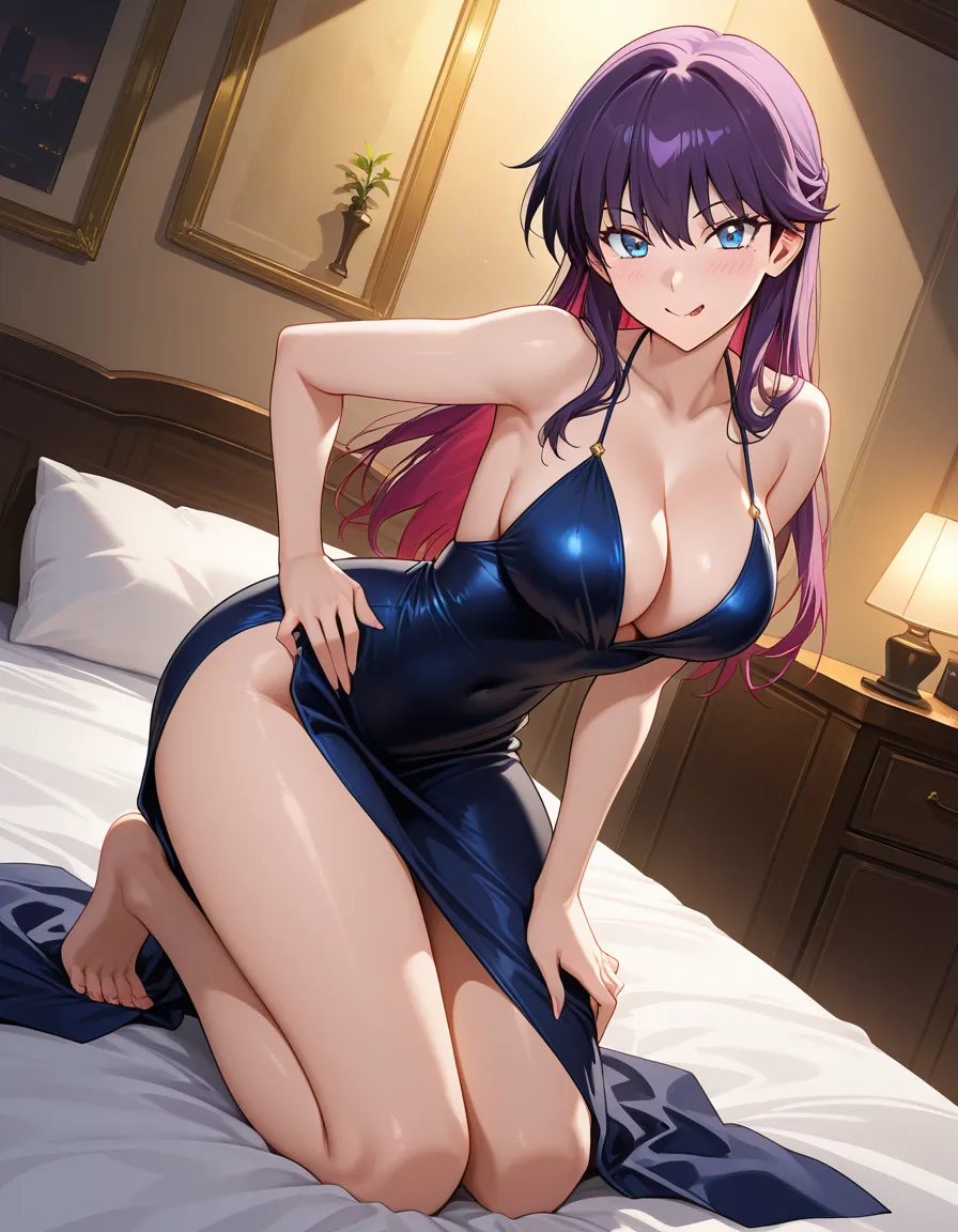 masterpiece, best quality, witch, cocktail dress, kneeling on bed, playful expression, vivid anime colors, hentai_studio_quality