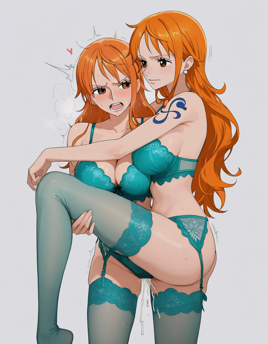 score_9, score_8_up, score_7_up, score_6_up, 1girl, @nami_(one_piece) Nami from One Piece), 4k, hdr, best resoluthion, detailed, detailed face, simple white background, girl in teal lingerie, teal stockings, (one, piece), orgasm face, pleasure, pussy juice, exposed tits, hard nipples naked breast, surprise orgasm, eyes rolled back, <lora:hinaTuningFaceDetailer_SDXL-v2-rank256-pruned:1.8>, big ass doggystyle showing ass, exposed tits, (angled down on girl), (front view), <lora:ClearHand-V2:.8>, dick riding, one piece anime quality, one piece anime style, (bondage), (medium sized), boobs, (bound by sashes), hands and legs tied up, dominated, bound hands and legs and feet, hearts, lip bite, on all fours, <lora:4panel:1.8>, different facial expressions in each panel, (3 panels maximum), out, <lora:Tongue out_SDXL:1.8>, Paizuri, missionary, reverse cowgirl girl on top positions, studio quality lighting, ring light quality lighting, clean generation, (SuperQuality:1), ~, (SuperQuality:1.2) high saturation, vibrant colours 2D style, (anime style:1.3), 2d, anime screencap, cel shading, flat color no blurry faces, hentai_studio_quality see-through_clothes, hentai_studio_quality, (anime style:1.3), 2d, anime screencap, cel shading, flat color long orange_hair, hentai_studio_quality face in frame, drooling, hentai_studio_quality, ahegao doujin_cover hentai_studio_quality, hentai_studio_quality, hentai_studio_quality, hentai_studio_quality, hentai_studio_quality, hentai_studio_quality