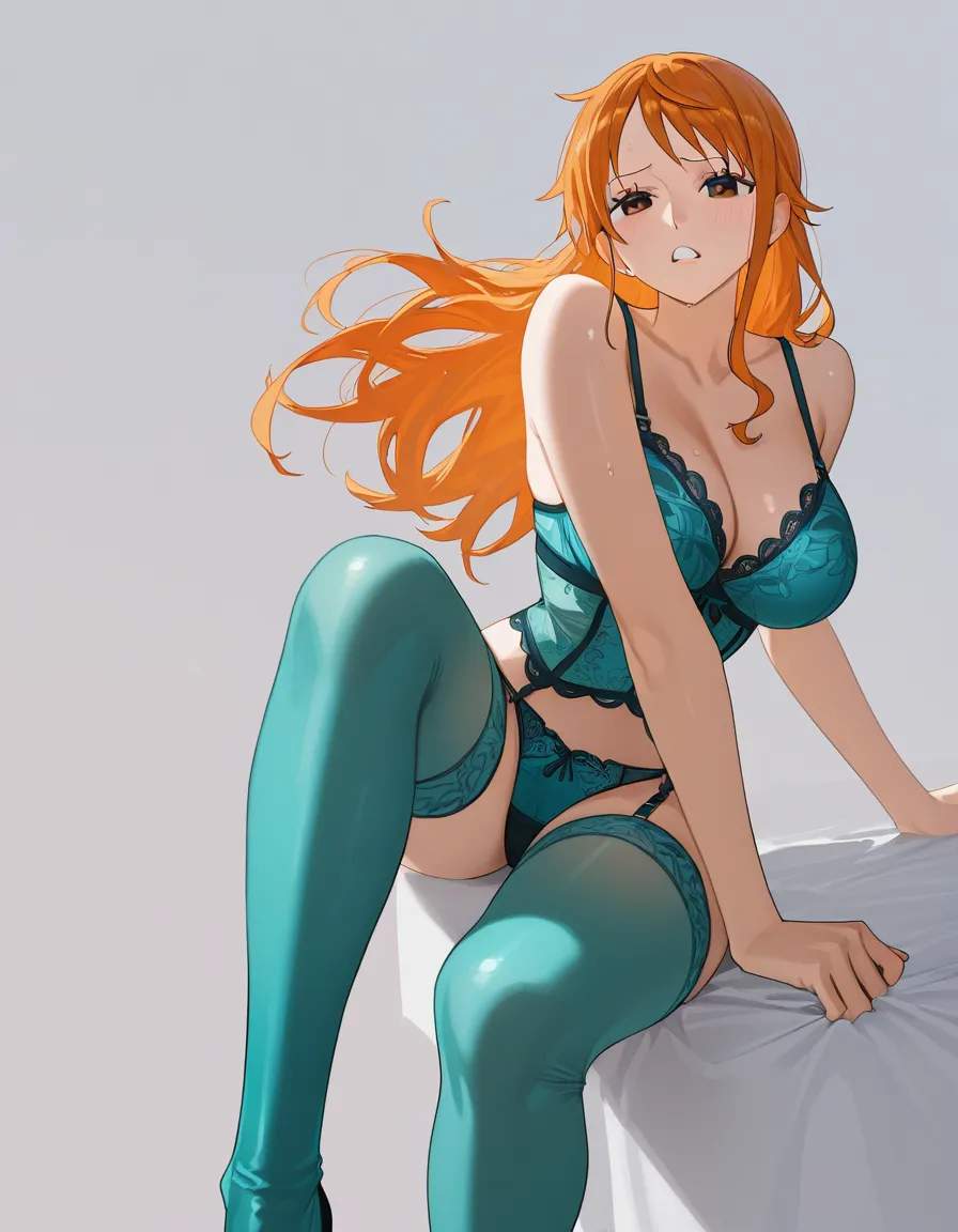 score_9, score_8_up, score_7_up, score_6_up, 1girl, @nami_(one_piece) Nami from One Piece), 4k, hdr, best resoluthion, detailed, detailed face, simple white background, girl in teal lingerie, teal stockings, (one, piece), orgasm face, pleasure, pussy juice, exposed tits, hard nipples naked breast, surprise orgasm, eyes rolled back, <lora:hinaTuningFaceDetailer_SDXL-v2-rank256-pruned:1.8>, big ass doggystyle showing ass, exposed tits, (angled down on girl), (front view), <lora:ClearHand-V2:.8>, dick riding, one piece anime quality, one piece anime style, (bondage), (medium sized), boobs, (bound by sashes), hands and legs tied up, dominated, bound hands and legs and feet, hearts, lip bite, on all fours, <lora:4panel:1.8>, different facial expressions in each panel, (3 panels maximum), out, <lora:Tongue out_SDXL:1.8>, Paizuri, missionary, reverse cowgirl girl on top positions, studio quality lighting, ring light quality lighting, clean generation, (SuperQuality:1), ~, (SuperQuality:1.2) high saturation, vibrant colours 2D style, (anime style:1.3), 2d, anime screencap, cel shading, flat color no blurry faces, hentai_studio_quality see-through_clothes, hentai_studio_quality, (anime style:1.3), 2d, anime screencap, cel shading, flat color long orange_hair, hentai_studio_quality face in frame, drooling, hentai_studio_quality, ahegao doujin_cover hentai_studio_quality, hentai_studio_quality, hentai_studio_quality, hentai_studio_quality, hentai_studio_quality, hentai_studio_quality, hentai_studio_quality
