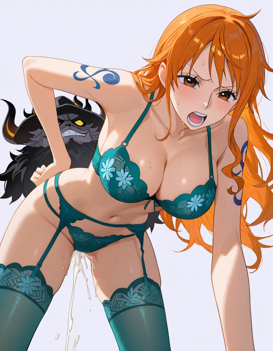 score_9, score_8_up, score_7_up, score_6_up, 1girl, @nami_(one_piece) Nami from One Piece), 4k, hdr, best resoluthion, detailed, detailed face, simple white background, girl in teal lingerie, teal stockings, (one, piece), orgasm face, pleasure, pussy juice, exposed tits, hard nipples naked breast, surprise orgasm, eyes rolled back, <lora:hinaTuningFaceDetailer_SDXL-v2-rank256-pruned:1.8>, big ass doggystyle showing ass, exposed tits, (angled down on girl), (front view), <lora:ClearHand-V2:.8>, dick riding, one piece anime quality, one piece anime style, (bondage), (medium sized), boobs, (bound by sashes), hands and legs tied up, dominated, bound hands and legs and feet, hearts, lip bite, on all fours, <lora:4panel:1.8>, different facial expressions in each panel, (3 panels maximum), out, <lora:Tongue out_SDXL:1.8>, Paizuri, missionary, reverse cowgirl girl on top positions, studio quality lighting, ring light quality lighting, clean generation, (SuperQuality:1), ~, (SuperQuality:1.2) high saturation, vibrant colours 2D style, (anime style:1.3), 2d, anime screencap, cel shading, flat color no blurry faces, hentai_studio_quality see-through_clothes, hentai_studio_quality, (anime style:1.3), 2d, anime screencap, cel shading, flat color long orange_hair, hentai_studio_quality face in frame, drooling, hentai_studio_quality, hentai_studio_quality, hentai_studio_quality, hentai_studio_quality, hentai_studio_quality,, cel shading, flat color cum in mouth paizuri 4 comic panels, hentai_studio_quality, hentai_studio_quality orgasm, hentai_studio_quality 8k, hentai_studio_quality, hentai_studio_quality