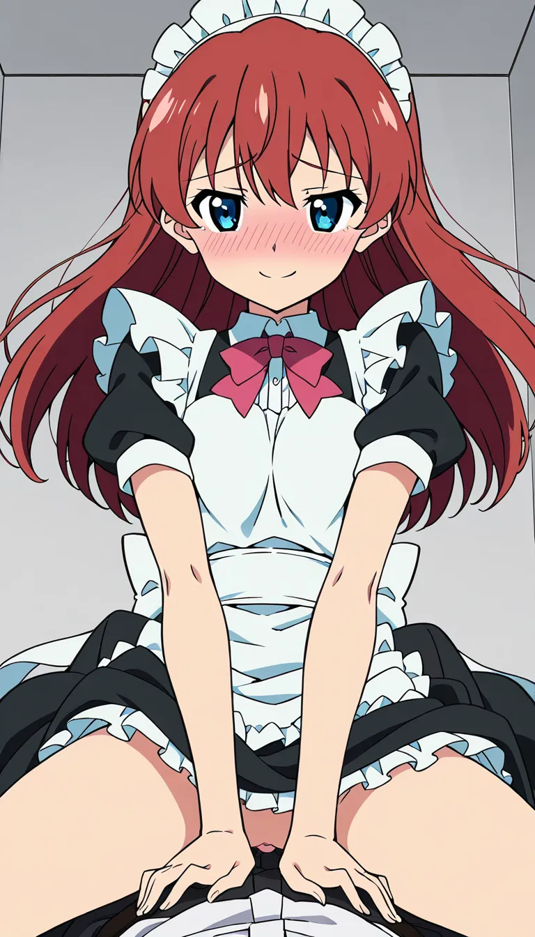 pov, 1girl, maid, long_hair, clothed_sex, blush, petite, vaginal, closed_mouth, full-face_blush, light_smile, looking_at_viewer