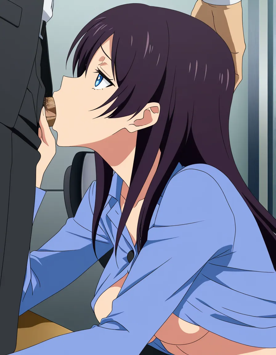 highres, vivid, office lady, underboob, long sleeves, blowjob, doujin style, (anime style:1.3), 2d, anime screencap, cel shading, flat color, @00osamio00