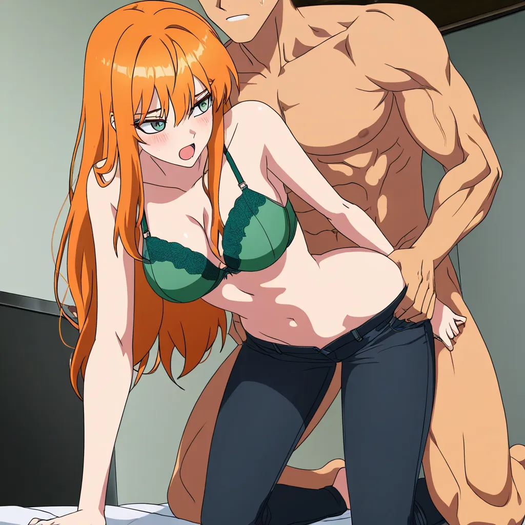 ultra detailed shading, indian lean muscular man naked fucked a sexy ginger-haired Japanese woman in her green bra and pulled down black jeans on, doggystyle, kamasutra, doujin style, manhwa style., (anime style:1.3), 2d, anime screencap, cel shading, flat color